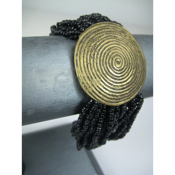 Black Beaded Bracelet Round Brass Spiral Button Closure Boho Hippie Glass - Picture 5 of 9